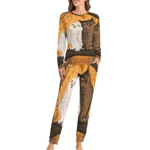 Zwart-witte uilen in herfst bos zachte damespyjama met lange mouwen warme pasvorm pyjama loungewear sets met zakken 4XL