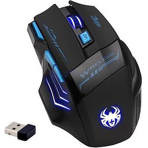 Zelotes Draadloze Muis,7 knoppen 2400DPI Muis Draadloos,USB LED Optische Draadloze Gaming Muis,Wireless Mouse voor Notebook,PC,Zwart