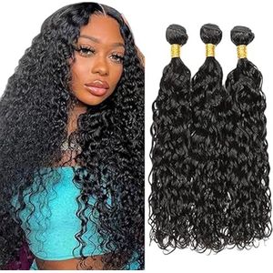 Tuheerst Water Wave Human Hair Bundles 1B Natural Black Human Hair Extensions Unprocessed Double Weft Remy Hair for Woman 3 Bundle Total 300g 20 20 20 Inch