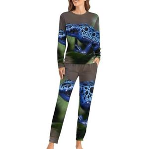 Camouflage blauwe kikkers zachte damespyjama met lange mouwen, warme pasvorm, loungewear sets met zakken, S