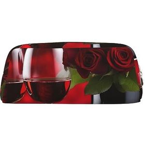 OUSIKA Wijn en rode rozen make-up tas lederen etui reizen toilettas cosmetische tas dagelijkse opbergtas voor vrouwen, Goud, Eén maat