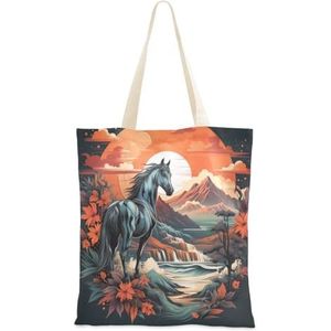 KUEJOP Canvas draagtassen paard en rode bloemen in zonsopgang multifunctionele herbruikbare canvas tassen gebruik voor boodschappentassen, boodschappentassen, geschenkzakken, Meerkleurig, One Size