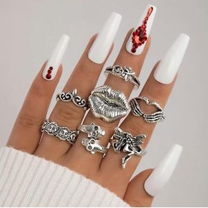 Vintage donkere vlinder schedel holle gezicht Multi stuk Ring Set Punk geometrische metalen oude gezamenlijke Ring Set-23432-zilver