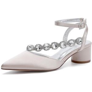 Dames Slingback Pumps Chunky Block Lage Hak Bruidssandalen Puntige neus Enkelbandje Bruiloft Kantoor Feest Jurk Schoenen,Champagne,36 EU