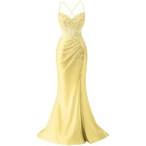 KIYNE Satijnen zeemeermin-galajurken met split voor dames, kant, appliqué, spaghettiband, formele feestjurk, baljurk, Geel, 38
