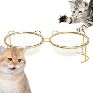 Kleine glazen kom - voerbak voor huisdieren, beschermende kom voor katten, verhoogde kattenbakjes - antislip anti-braken kattenkommen met verhoogde metalen standaard voor voedsel- en watervoeding,
