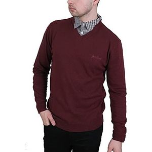 Enzo Moretti Heren V-hals Gebreide Jumper 100% Katoen met Mock Shirt Kraag Insert, Bordeaux, XL