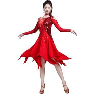 FZHQNZJF Pailletten Latijns Danskleding Dames Salsa Tango Dansjurken Ademend Cha Cha Dansen Prestatie Uitrusten Glanzend Oefen Rok voor Rumba Samba,Rood,L