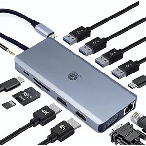 TRANSLON USB C Hub, compact dockingstation, 13 in 1, drievoudig display, PD 100W, 2X HDMI, 1x VGA, 4X USB, 1x extra type C USB, SD/microSD kaartlezer, LAN Ethernet, 3,5 mm aansluiting