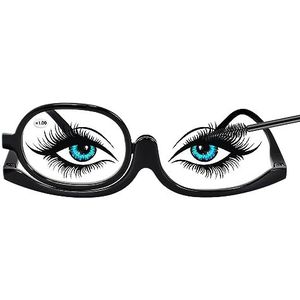 Make-upbril, leesbril, vergrotende draaibare enkellenzen, make-upbril, draagbare flip naar beneden, cosmeticabril, leeshulp voor vrouwen, essentieel gereedschap, zwart, Eén Maat