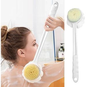 BAInuai 2-in-1 rugborstel voor douchen, badborstel met lange steel, doucheborstel, rug, lichaamsborstel met natuurlijke haren, voor doucheborstel, vochtige of droge rug, lichaamsborstel (wit)