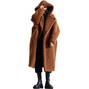 Sawmew Damesjas Van Teddyfleece Met Capuchon, Oversized Jack Met Capuchon, Lange Donzige Warme Slouchy Winterhoodie Met Zakken (Color : Camel, Size : 5XL)