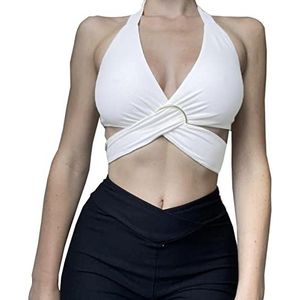 HTTOAR Sexy crossover-vest voor dames, mouwloos, effen, verschillende draagmethoden met metalen ring, Wit, S