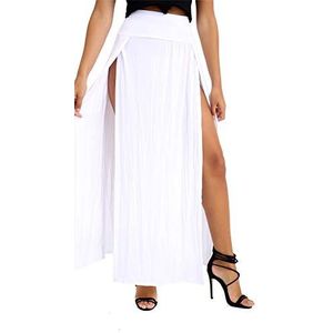 janisramone Womens Dames Nieuwe Dubbele Split Hoge Taille Zijde Plain Basic Stretch Zomer Lange Maxi Rok