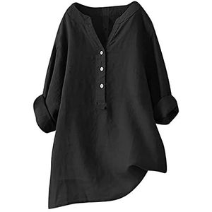 Dames casual knoop V-hals 3/4 mouw shirts Henley oversized effen blouses oprolbare mouwen zomer tops tunieken verkoop, mode dames tops UK, Zwart, L