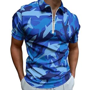 Blauwe Camo Haai Half Zip-up Polo Shirts Voor Mannen Slim Fit Korte Mouw T-shirt Sneldrogende Golf Tops Tees 3XL