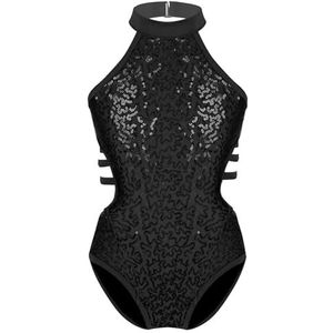 Turnpakje voor meisjes Meisjes Pailletten Dans Leotard Mouwloos Jumpsuit Glinsterende Uitsparingen Rug Bandjes Taille Ballet Dans Gymnastiek Leotard(Black,14Y)