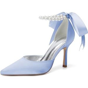 KYEGLO Dames Satijnen Sandalen Met Gesloten Teen En Bandjes, Puntige Teen, Hoge Hakken Met Parelbandje Om De Enkel, Sexy Schoenen, Perfect Voor Bruiloften,Light blue,36