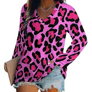 Roze luipaardprint dames casual T-shirts met lange mouwen V-hals bedrukte grafische blouses T-tops 3XL