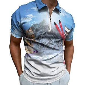 Leuke chihuahua en konijn ski heren poloshirt met rits T-shirts casual korte mouw golf top klassieke pasvorm tennis tee