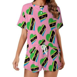 Love Tanzania Heartbeat zachte damespyjama met korte mouwen, loungewear met zakken, cadeau voor thuis, strand, XL