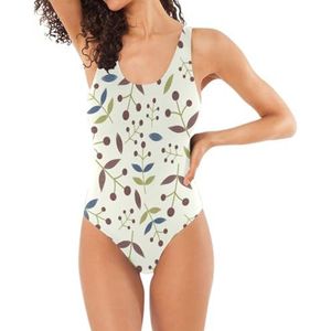LI ZHI XIN Dames eendelig badpak dames badmode badpakken dames buikcontrole zwemkostuums, U-hals en rug bessenbladpatroon, Meerkleurig, S