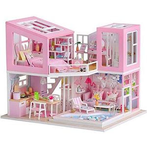 SEPTEMBER - Duplex huis model miniatuur zolder villa poppenhuis doe-het-zelf poppenhuis set met LED-verlichting, huisdecoratie, speelgoedhuizen voor kinderen (roze)