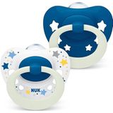 NUK Signature Night fopspeen | 6-18 maanden | kalmeert 95% van de baby's | fopspeen in hartvorm van BPA-vrij silicone | Glow-in-the-dark | inclusief etui | blauwe sterren | 2 stuks