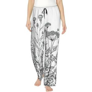 Zwart-witte bloemenprint dames zachte polyester lounge pyjamabroek - losse comfortabele slaapjoggingbroek met zakken, Zwart, S