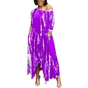 Maxi Jurk Met Tie Dye Print Voor Dames In Grote Maten Casual Ronde Nek Halve Mouw Losse Pasvorm Onregelmatige Zoom Jurk Met Zakken (Color : Purple, Size : XXL)