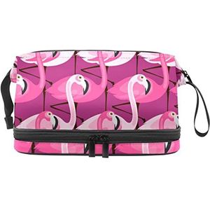Multifunctionele opslag reizen cosmetische tas met handvat,Grote capaciteit reizen cosmetische tas,Paars Flamingo patroon, Meerkleurig, 27x15x14 cm/10.6x5.9x5.5 in