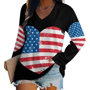 US America Retro Hart Vlag Vrouwen V-hals Shirt Lange Mouw Tops Casual Losse Fit Blouses