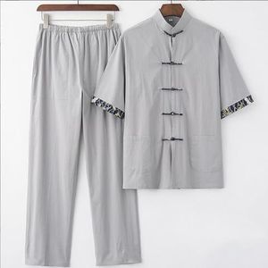 Heren Kung Fu-kleding Lange mouwen Losse traditionele Chinese kleding, Katoenlinnen, Vechtsportpak, Ademend, Comfortabel, Kung Fu-uniformen, Tai Chi-kleding, Korte mouwen, Hennepshirt (Color : Gray,