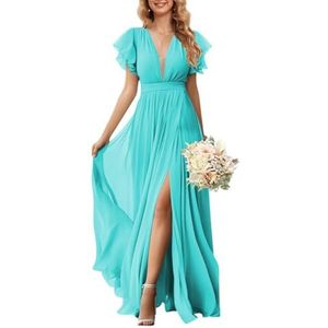KURFACE Flutter mouw V-hals chiffon bruidsmeisjes jurken voor vrouwen met split ruches lange formele jurk avondjurk, Turkoois, 52 grote maten
