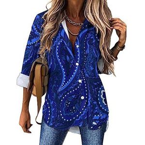 Blue Paisley Casual Shirt Button Down Lange Mouw V-hals Blouses Tuniek voor Leggings