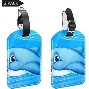 PU lederen bagagelabels naam ID-labels voor reistas bagage koffer met rug Privacy Cover 2 Pack,Een blauwe vis