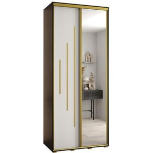 MEBLE KRYSPOL Davos 13 100 Kledingkast met twee schuifdeuren voor slaapkamer - Moderne Kledingkast met spiegel, kledingroede en planken - 235,2x100x45 cm - Zwart Wit Goud