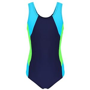 Aquarti Meisjes Badpak met Racerback, Donkerblauw/Neongroen/Lichtblauw, 146