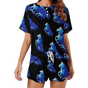 Blauw Retro Paard Silhouet Mode 2 STKS Womens Pyjama Sets Korte Mouw Nachtkleding Zachte Loungewear Stijl-19