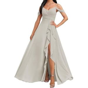 HPPEE Koude Schouder Bruidsmeisjes Jurken met Split Ruches A-lijn Chiffon Formele Avondfeestjurk, Zilver, 32