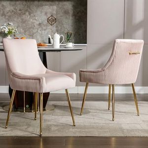 Aunvla Set van 6 eetkamerstoelen met verticale strepen, gestoffeerde stoel, metalen poten met metalen handgreep, moderne loungestoel, slaapkamer-/woonkamerstoel, roze