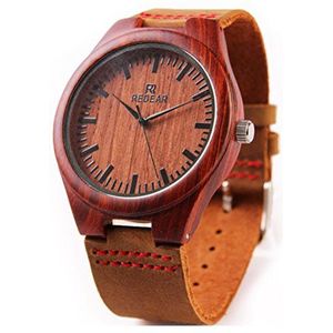 REDEAR Rode Sandelhout Houten Horloges Mannen Japan Beweging Quartz Horloge Koeienhuid Lederen Hout Horloge, Rood, riem