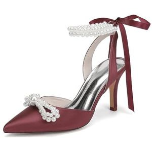 KYEGLO Satijnen Afstudeerschoenen Voor Dames Met Parelstrik, Puntige Neus, Hoge Hak En Parelriempje Om De Enkel, Perfect Voor Bruiloften En Schoolfeesten,Burgundy,36