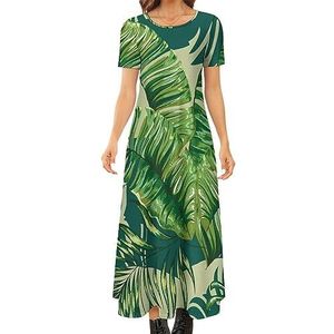 Tropische palmboom dames zomer casual korte mouw maxi-jurk ronde hals bedrukte lange jurken S