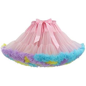 XinChangShangMao Dames elastische taille chiffon petticoat gezwollen tutu tule rok prinses ballet dansplint, Roze_regenboog, One Size Short
