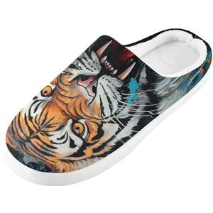 KAAVIYO Blauwe Aquarel Tijger Cartoon Blauwe Raket Outdoor Slippers Katoenen Huis Schoenen Winter Antislip Fuzzy Voeten Slippers Voor Indoor Mannen Vrouwen Meisje, Patroon, Large