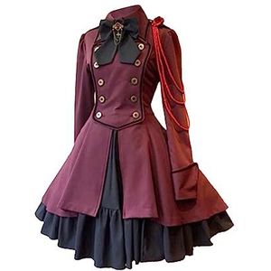 Lemoiitea Middeleeuwse Retro Patchwork Jurk Vrouwen Mode Casual Ronde Hals Lange Mouw Jurk Strik Ruche Geplooide Jurk Gothic Elegante Baljurken Halloween Kostuum Renaissance Jurk, Rood, 5XL