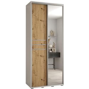 MEBLE KRYSPOL Davos 11 100 Kledingkast met twee schuifdeuren voor slaapkamer - Moderne Kledingkast met spiegel, kledingroede en planken - 235,2x100x45 cm - Wit Artisan Silver
