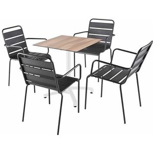 Oviala Tafelset 70 cm donker eiken en 4 stoelen van metaal, grijs