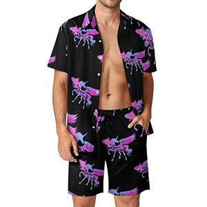 Magic Unicorn Hawaiiaanse bijpassende set voor heren, 2-delige outfits, button-down shirts en shorts voor strandvakantie